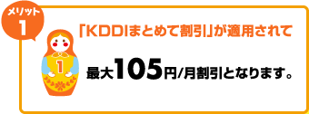 メリット1 「KDDIまとめて割引」が適用されて最大105円/月割引となります。