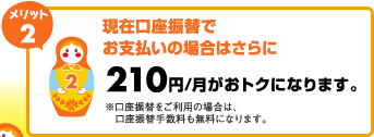 メリット2 現在講座振替でお支払いの場合はさらに210円/月がおトクになります。