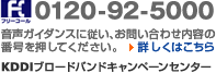 フリーコール　0120-92-5000　音声ガイダンスに従い、お問い合わせ内容の番号を押してください。　KDDIブロードバンドキャンペーンセンター　詳しくはこちら
